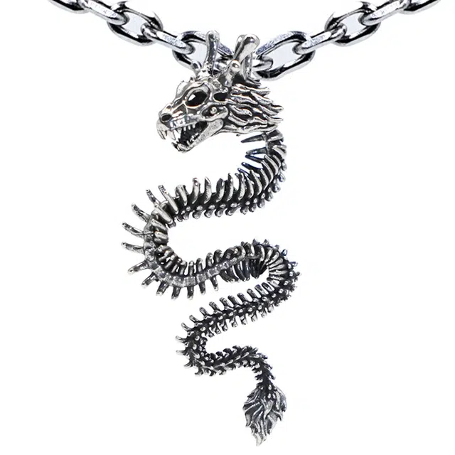 【可定制刻字】 白木黑冰 龙骨 生肖龙本命年新中式高级感潮流时尚风格 银合金 项链 男款 礼盒