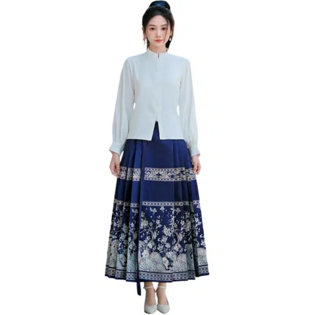 荟萃阁 新中式立领国风刺绣衬衫上衣一片式妆花织金百褶马面裙两件套裙装套装 女款