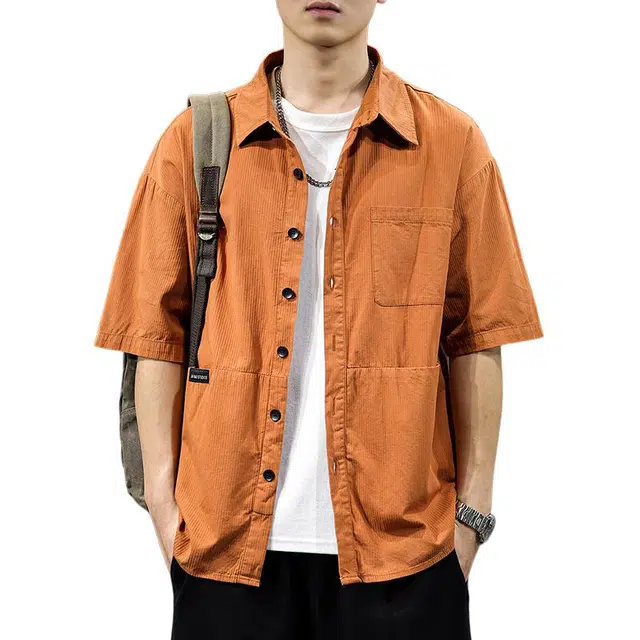 前进牛 夏季美式户外街头潮牌高端多巴胺透气薄款情侣纯棉宽松休闲潮牌痞帅工装衬衣短袖衬衫 男女同款
