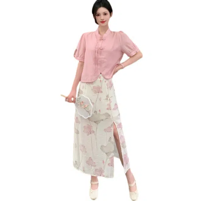 丝絮丝绸 新中式立领短袖上衣植物花卉半身裙裙装套装 女款
