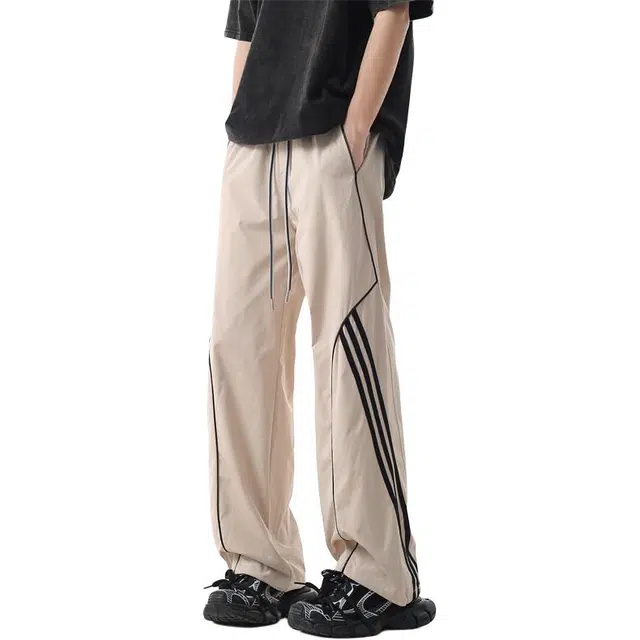 顶峰保罗 美式高街条纹拼接撞色直筒长裤冰丝薄款宽松舒适百搭设计感潮牌痞帅显瘦透气运动休闲裤 男女同款