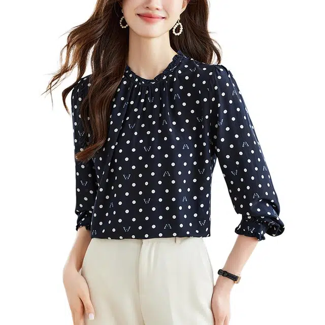 曲韩 蝴蝶波点印花真丝上衣法式时尚优雅春季桑蚕丝长袖衬衫 女款 藏青
