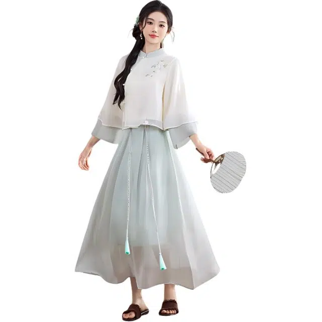 荟萃阁 新中式刺绣斜襟立领复古盘扣七分袖上衣搭配民族风半身裙裙装套装 女款