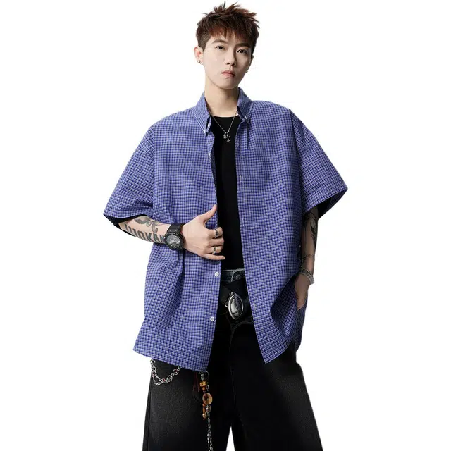 颂希尔 潮牌高级感蓝色格子宽松百搭美式休闲帅气翻领薄款外套短袖衬衫 男女同款