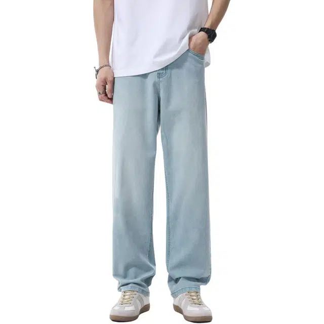 吉肯蒂 高腰宽松直筒百搭学院风裤薄款男生美式高街裤子牛仔裤 男款