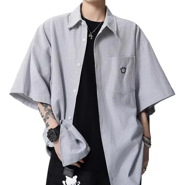 沐诚阳译 美式笑脸宽松古巴领条纹短袖衬衫 男女同款