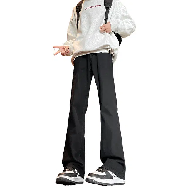 八哥 高街基础款美式复古弹力阔腿垂感百搭时尚高级运动舒适柔软个性简约牛仔裤 男女同款