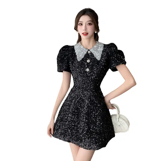 涂诗菲 高级感气质翻领收腰通勤短袖连衣裙 女款 黑色