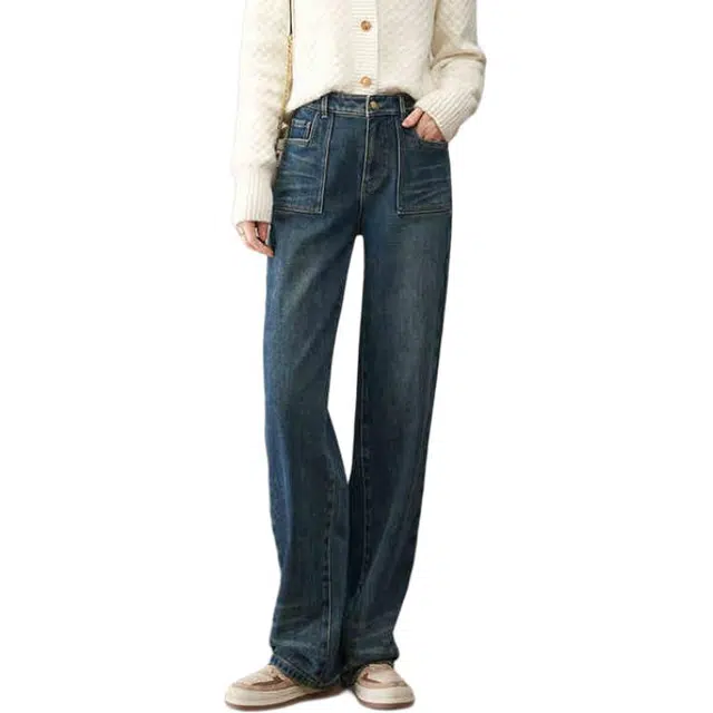 娅丽达 水洗自然腰拉链直筒牛仔裤 女款 复古蓝