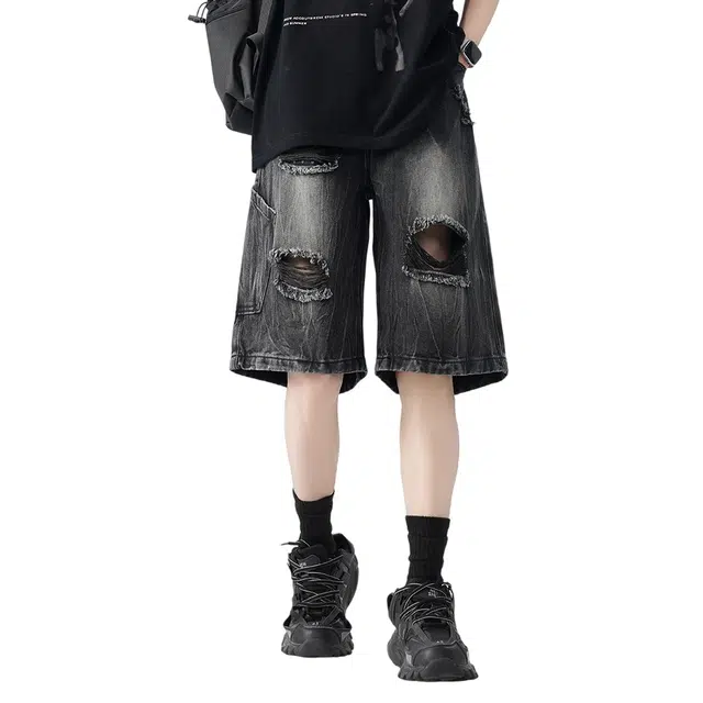 顶峰保罗 无性别主义五分裤直筒潮牌潮流痞帅宽松百搭休闲美式高街水洗做旧中裤子破洞牛仔短裤 男女同款
