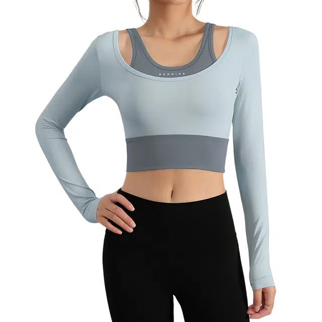 怪力萝莉  带胸垫瑜伽服女假两件紧身长袖跑步速干拼色服运动上衣秋冬款  健身衣  女款