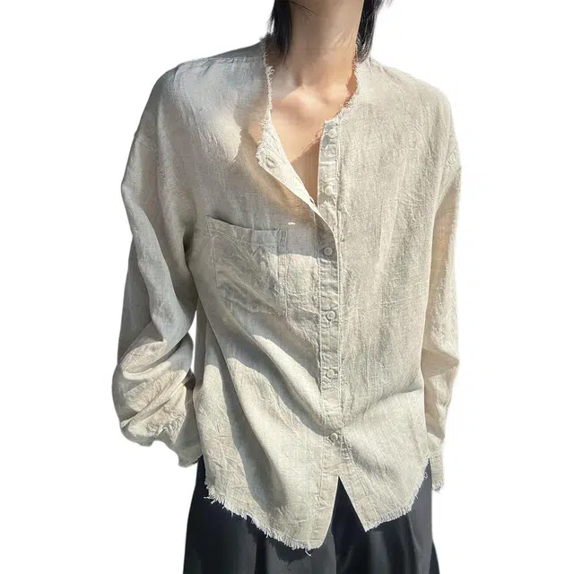 一碗士多 多风格复古亚麻衬衣 宽松透气设计感强长袖衬衫 男女同款