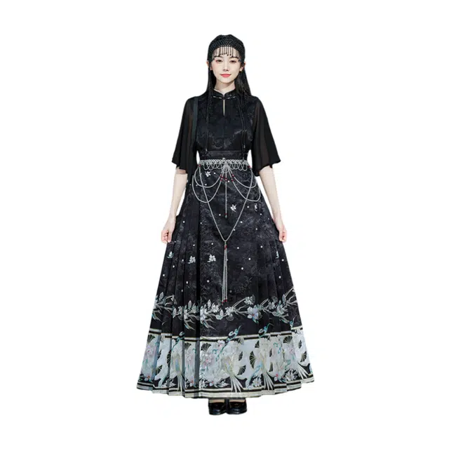 荟萃阁 新中式立领提花盘扣复古一片式超大摆国风印花马面裙裙装套装 女款