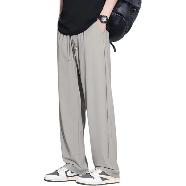 协协乐 冰丝夏季薄款凉感透气坠感纯色美式宽松阔腿韩版百搭高街运动通勤显高显瘦中腰长裤休闲裤 男款