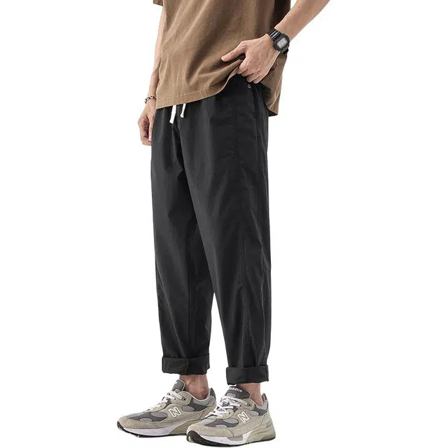 童先森 薄款裤子直筒宽松工装九分长裤速干抽绳休闲裤 男款