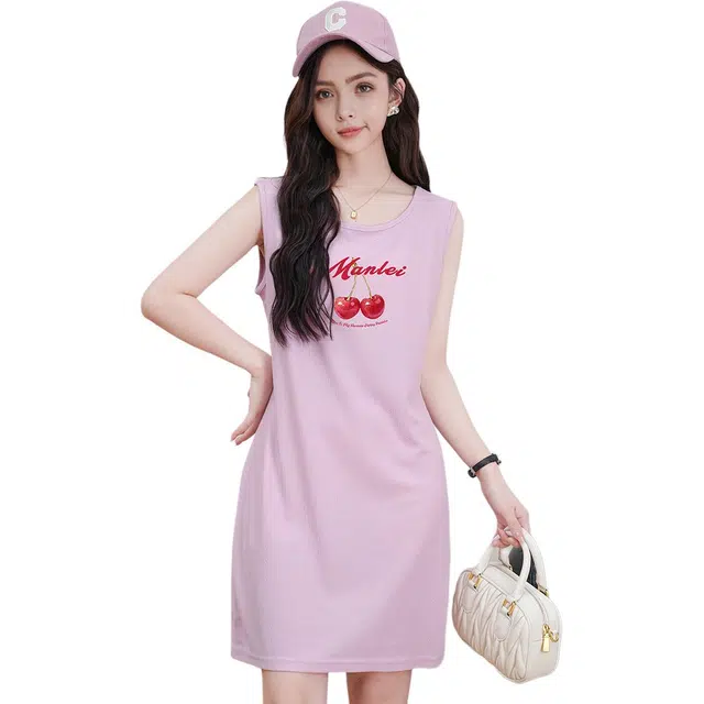 法文箱子 性感紧身收腰植物花卉字母数字文字圆领修身无袖连衣裙 女款