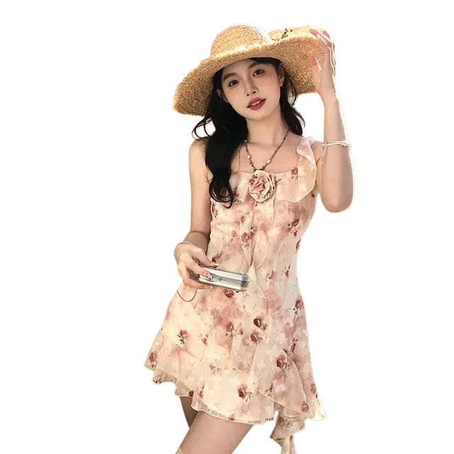 东鲸岁时记 植物花卉方领收腰吊带连衣裙 女款