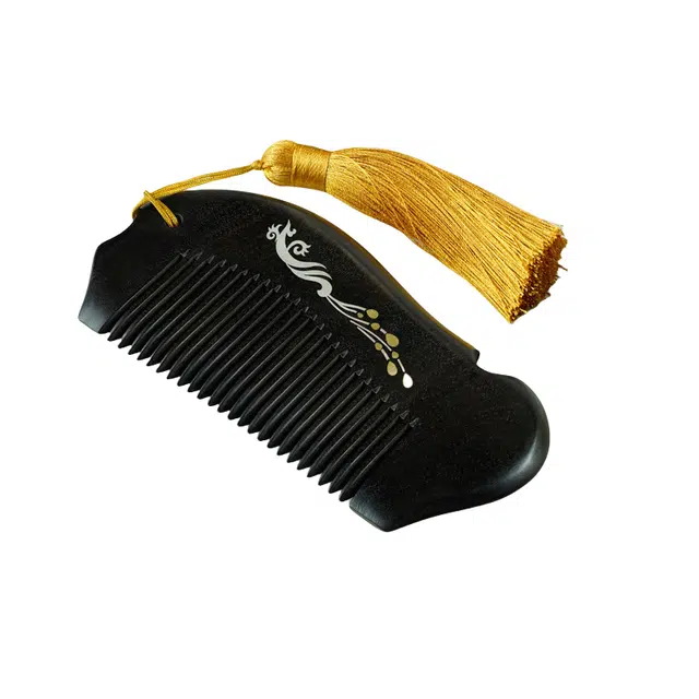 舞依翡 木镶银鱼形梳檀木镶嵌银铜贝壳孔雀镙钿沉贵宝文玩摆件#好运 黑檀 木梳子 女款