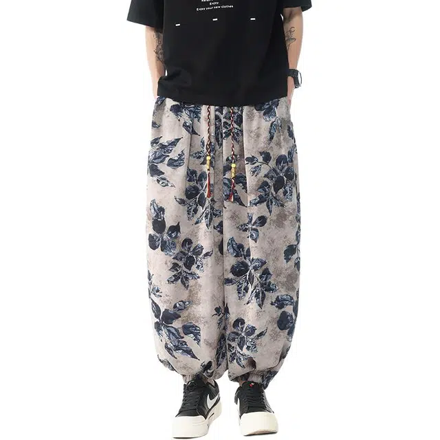 佐菲利 中国风民族风印花灯笼裤宽松冰丝垂感阔腿裤休闲裤 男女同款