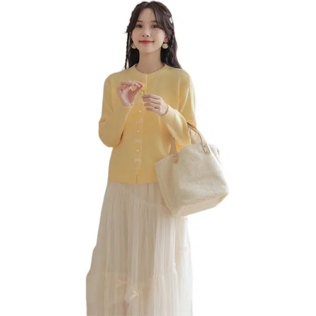 莫代尔 小清新立体蝴蝶结扣日系学院风宽松针织衫 女款