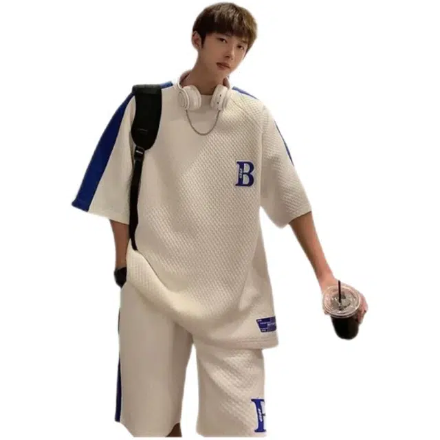 木木兔 潮流韩版小众设计字母短袖宽松百搭文艺风舒适五分裤休闲运动套装 男款