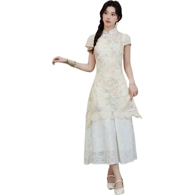 黛尔佳人 绝美新中式改良旗袍女夏蕾丝假两件镂空碎花短袖连衣裙  女款
