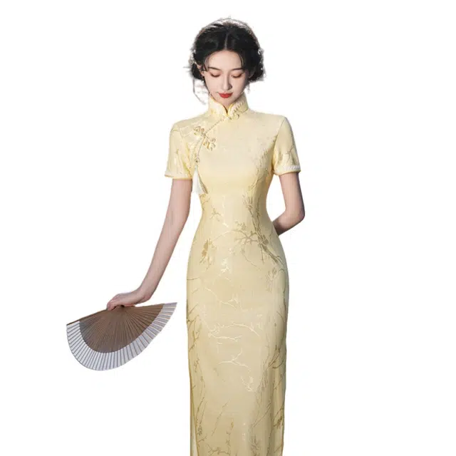 怪力萝莉 新中式高端气质少女夏季订婚日常绝美提花收腰显瘦旗袍短袖连衣裙 女款