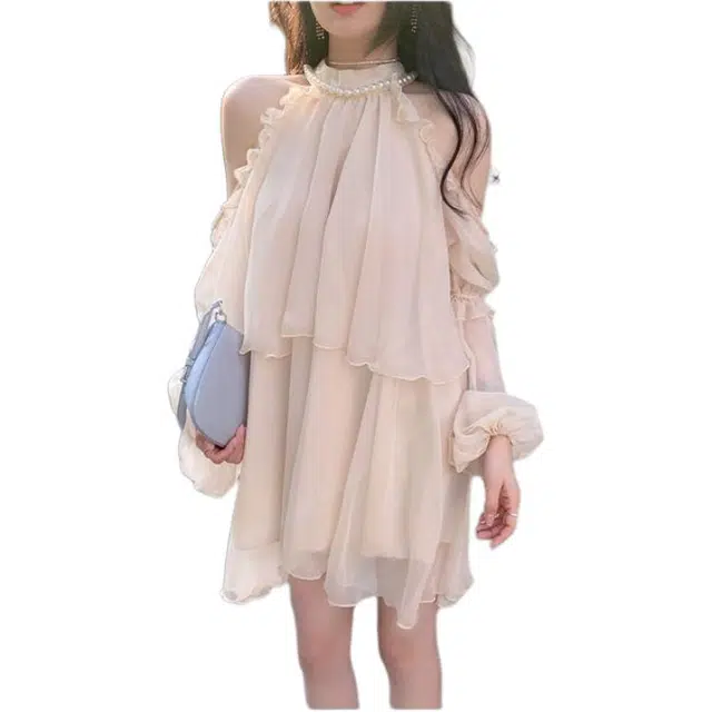 哒头下雨不愁 法式高级感露肩甜美宽松网纱短裙长袖连衣裙 女款