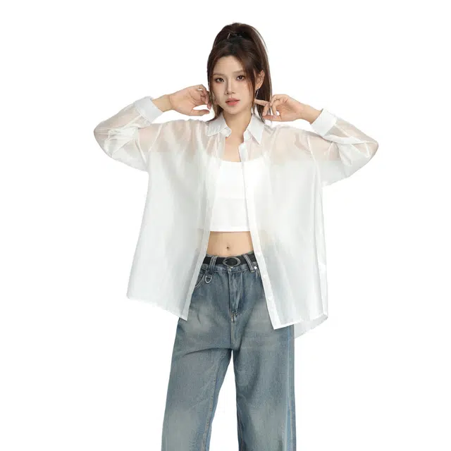 柏黛妃 百搭休纯色短款修身长袖衬衫 女款 白色