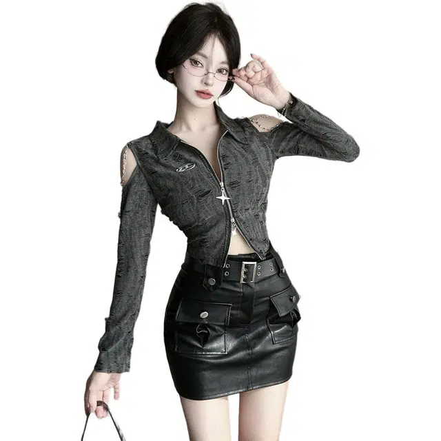 水中花 美式复古破洞设计感拉链长袖上衣性感小众时尚裙装套装 女款