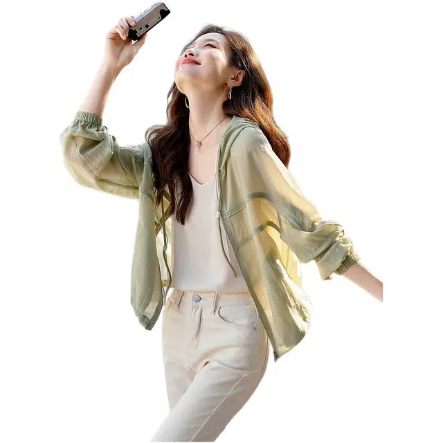 沫晗依美 纯色拉链连帽宽松夹克外套 女款 绿色