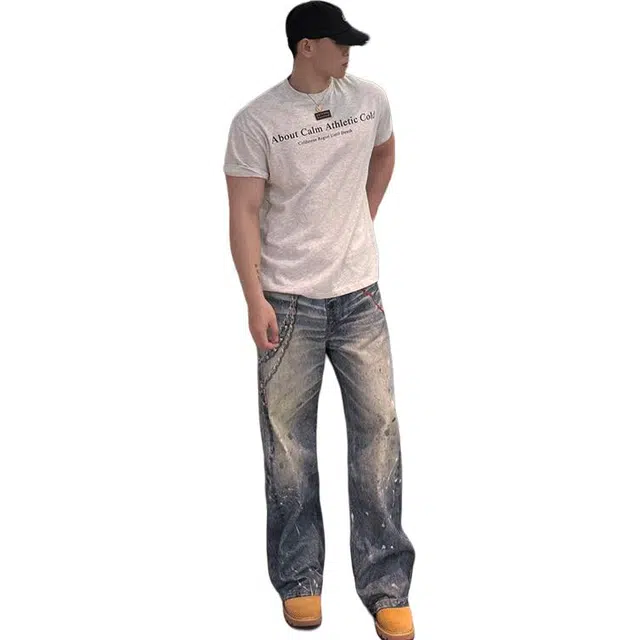 单爵 复古做旧直筒宽松阔腿水洗拖地显瘦设计感长裤薄款牛仔裤 男女同款