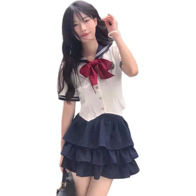 沐晓欣 学院风短袖收腰水手服日系半身裙裙装套装 女款