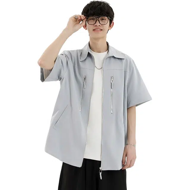 单爵 双拉链垫肩高级感痞帅潮牌工装薄款夏季短袖衬衫 男女同款