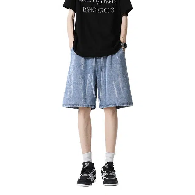 佐菲利 美式复古水洗做旧五分裤子设计感宽松直筒牛仔短裤 男款