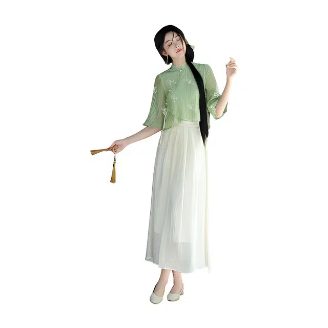 荟萃阁 中式国风刺绣盘扣斜襟立领复古上衣改良国潮半身裙裙装套装 女款