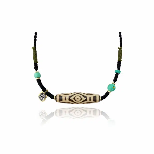 玉临门 国潮绿石搭配个性手工编织绳龙六天珠 玛瑙 项链 男女同款情侣款