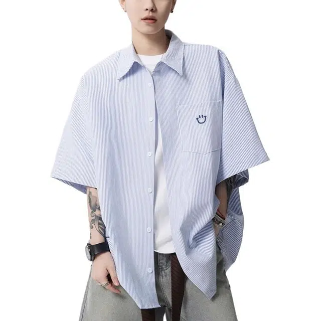 沐诚阳译 美式笑脸宽松古巴领条纹短袖衬衫 男女同款