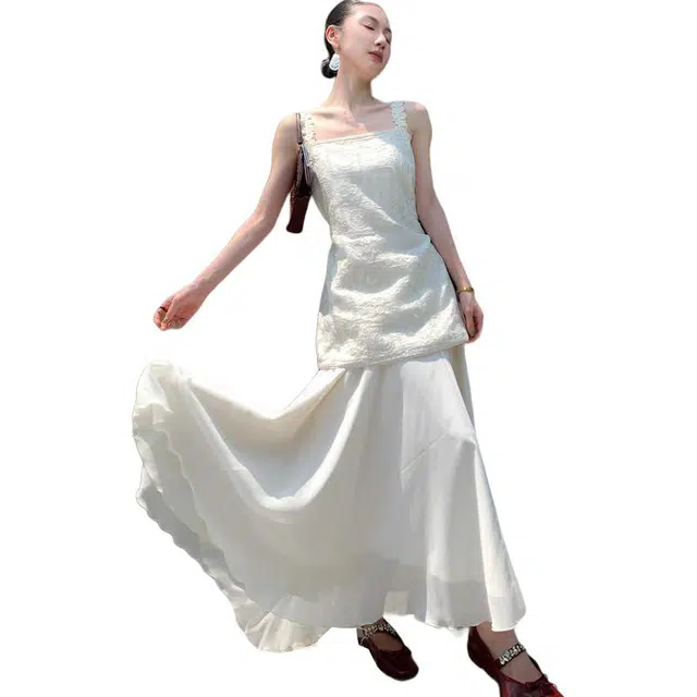 水中花 重工绣花吊带上衣雪纺伞摆半身裙裙装套装 女款