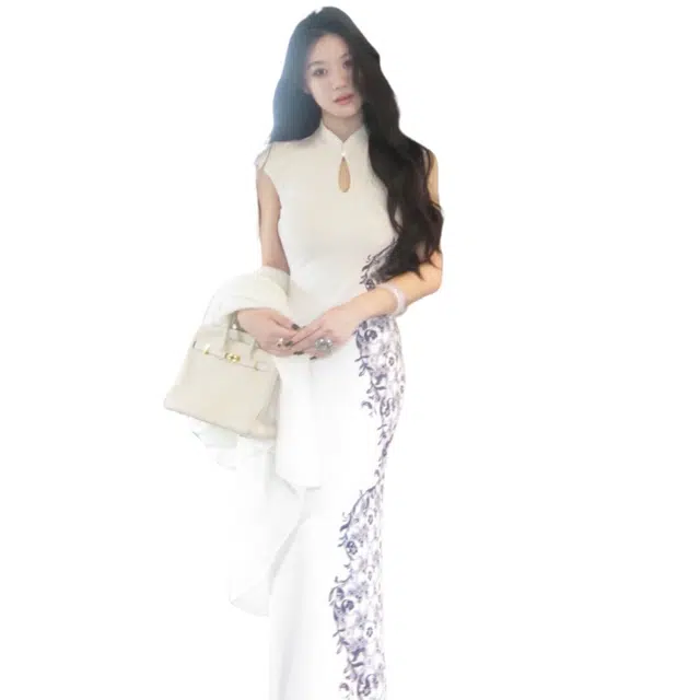 沐晓欣 植物花卉高腰适中立领修身无袖连衣裙 女款