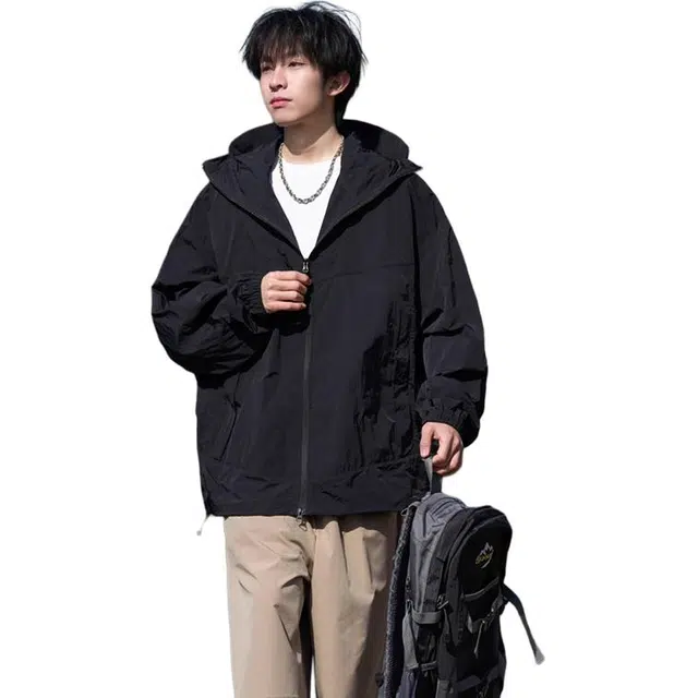 绘承 纯色简约日系轻薄速干宽松休闲拉链百搭防紫外线连帽防晒服 男女同款