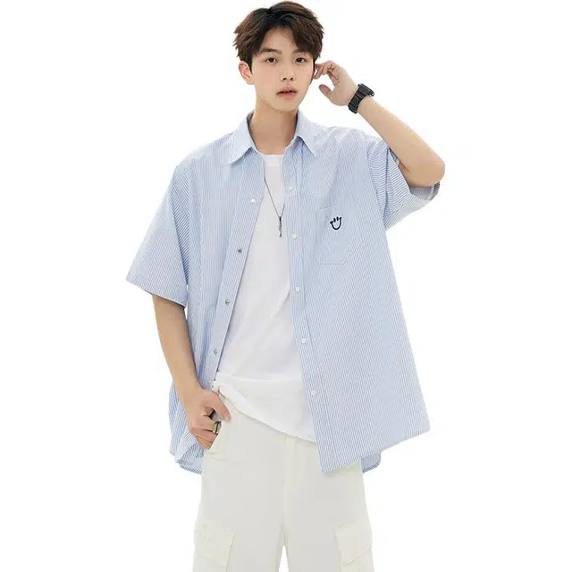 颂希尔 潮牌笑脸美式复古宽松休闲百搭短袖衬衫 男女同款