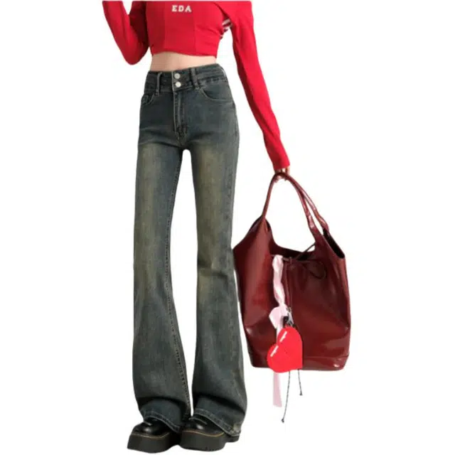 识恩 美式水泥灰高腰显瘦小个子微喇叭马蹄裤牛仔裤 女款