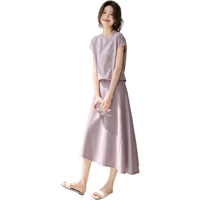 沫晗依美 蝴蝶结绣花不规则伞裙常规短袖圆领休闲高腰裙装套装 女款