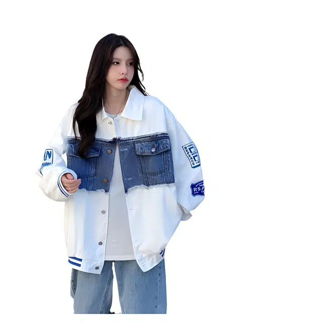 木清清 美式复古撞色拼接牛仔宽松韩版学生百搭外套棒球服 女款