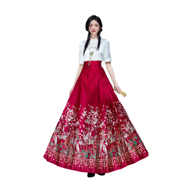 荟萃阁 新中式复古刺绣立领提花一片式超大摆潮流国风印花马面裙裙装套装 女款