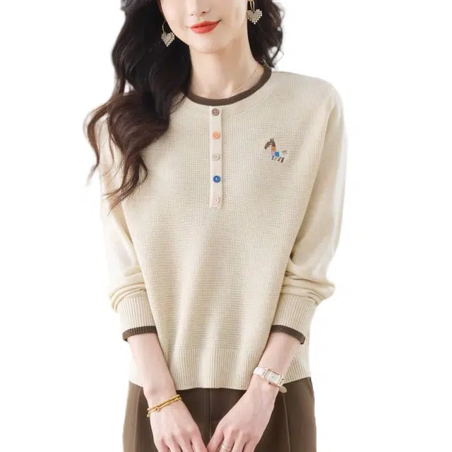 曲韩 春秋小个子圆领上衣女中年妈妈宽松薄款针织衫 女款