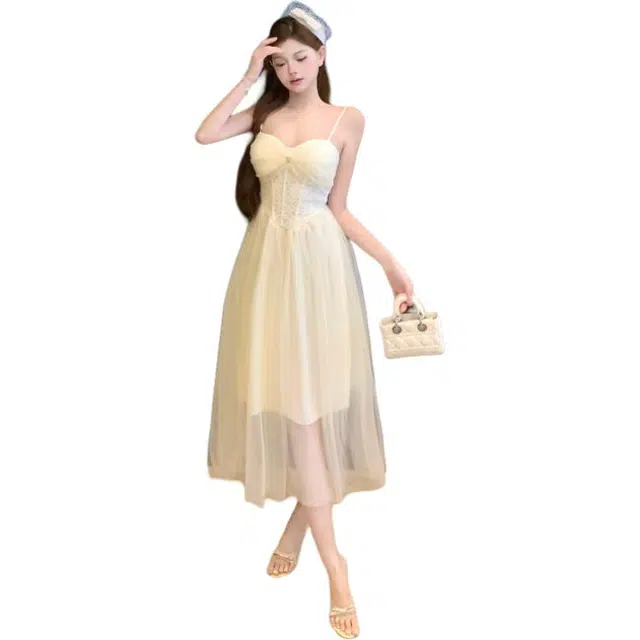 黛尔佳人 网纱拼接蕾丝度假风修身长裙收腰蓬蓬裙子吊带连衣裙  女款