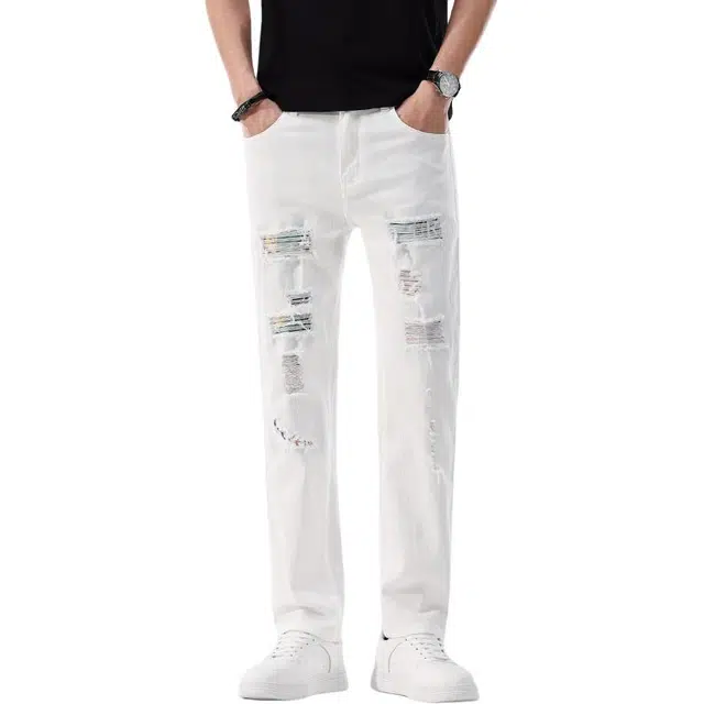 吉肯蒂 美式复古潮流直筒修身潮牌小众设计感牛仔裤 男款