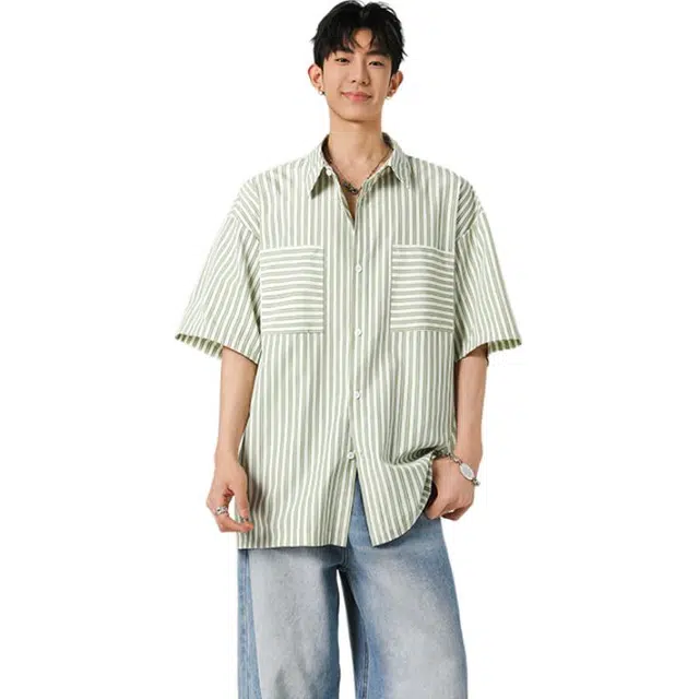 顶峰保罗 竖条纹薄款透气大口袋衬衣外套宽松舒适冰丝凉感速干休闲小众百搭翻领短袖衬衫 男女同款